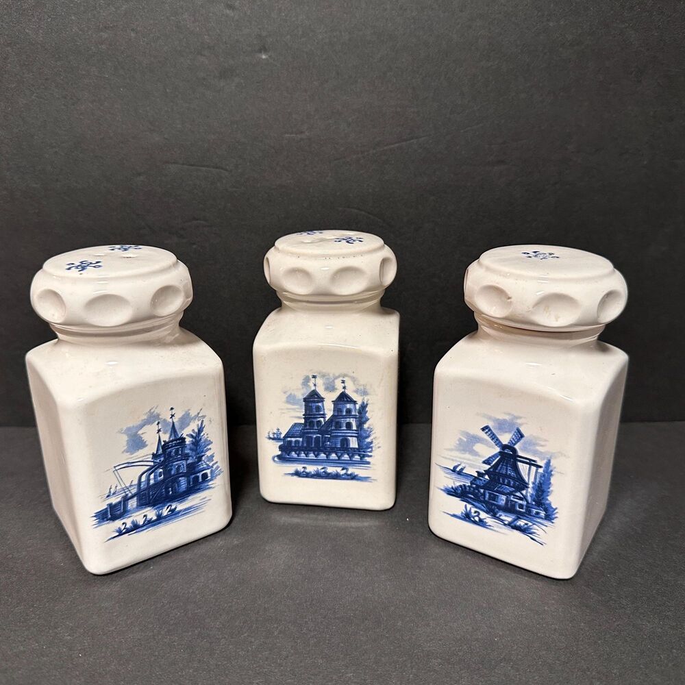 Set of 3 Dutch Holland Theme Salt & Pepper Shakers Spice Jar Delft Style Graphic